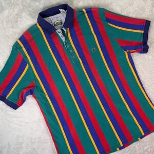 Siegfried Men's XL Multicolor Striped Polo Shirt Colorblock Crest Logo 90s Style